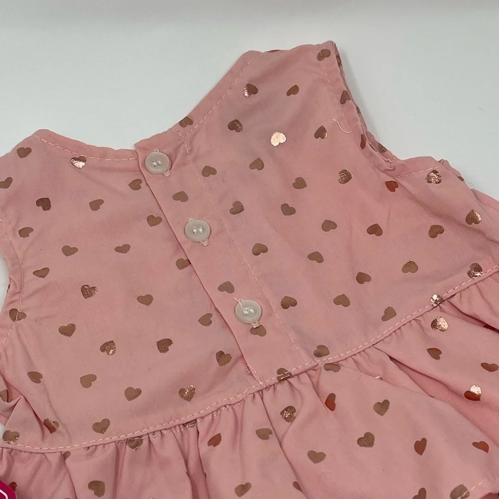 REAL LOVE PINK SHINY HEARTS DRESS & BLOOMERS RUFFLE & BOW SZ 12 MONTHS - Picture 7 of 11